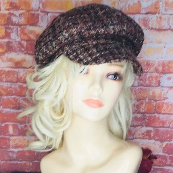 Vintage Scala Brushed Tweed Brown Tone Wool Blend Winter Newsboy Cabbie Hat - Picture 5 of 11